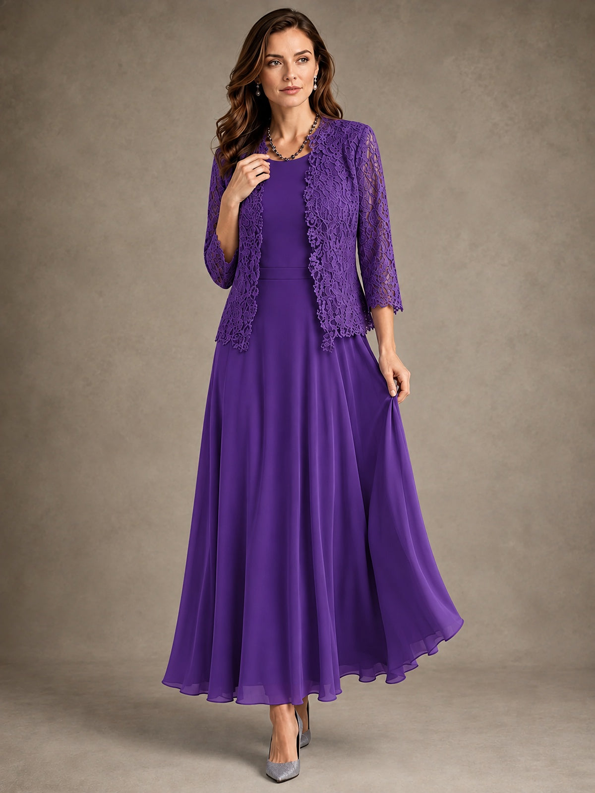 2-Piece Chiffon Mother of the Bride Dress with Lace Jacket