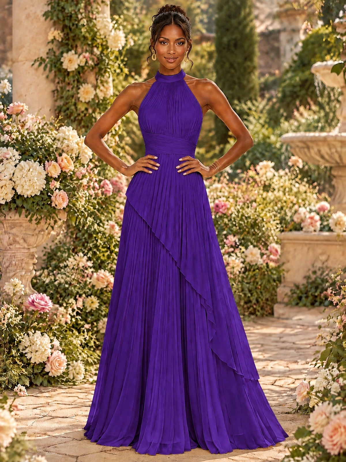 Wrap Pleated Prom Dress Halter A-line Chiffon Formal Wedding Dress