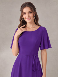 Scoop Neck A-line Chiffon Bridesmaid Dress with Flutter Sleeve & Belt