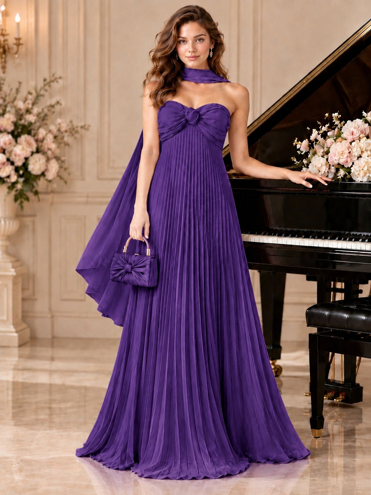 Sweetheart Neckline Pleated Prom Dress Strapless A-line Formal Dress with Flowy Scarf