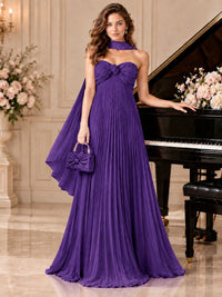 Sweetheart Neckline Pleated Prom Dress Strapless A-line Formal Dress with Flowy Scarf