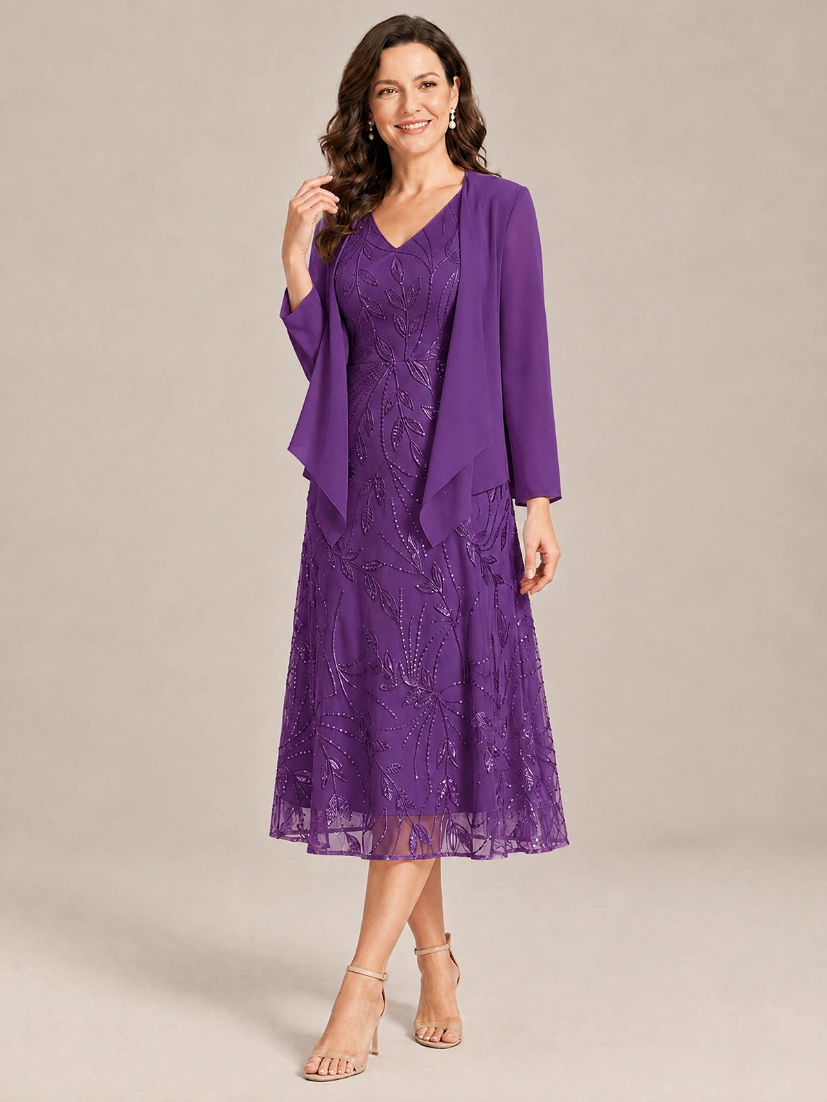 Tea Length Sequin Lace Mother of the Bride Dress with Chiffon Jacket
