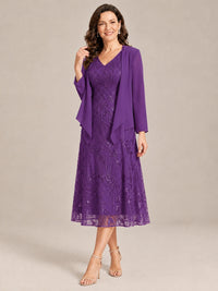 Tea Length Sequin Lace Mother of the Bride Dress with Chiffon Jacket