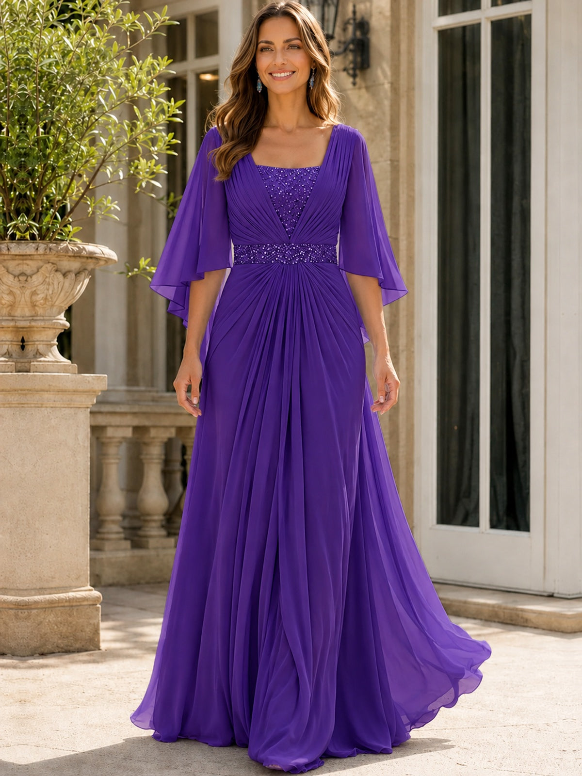 Elegant V-Neck Sequined Chiffon Mother of the Bride Dress with Flutter Sleeves