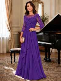 A-Line Chiffon Mother of the Bride Dress with Floral Applique 3/4 Sleeves