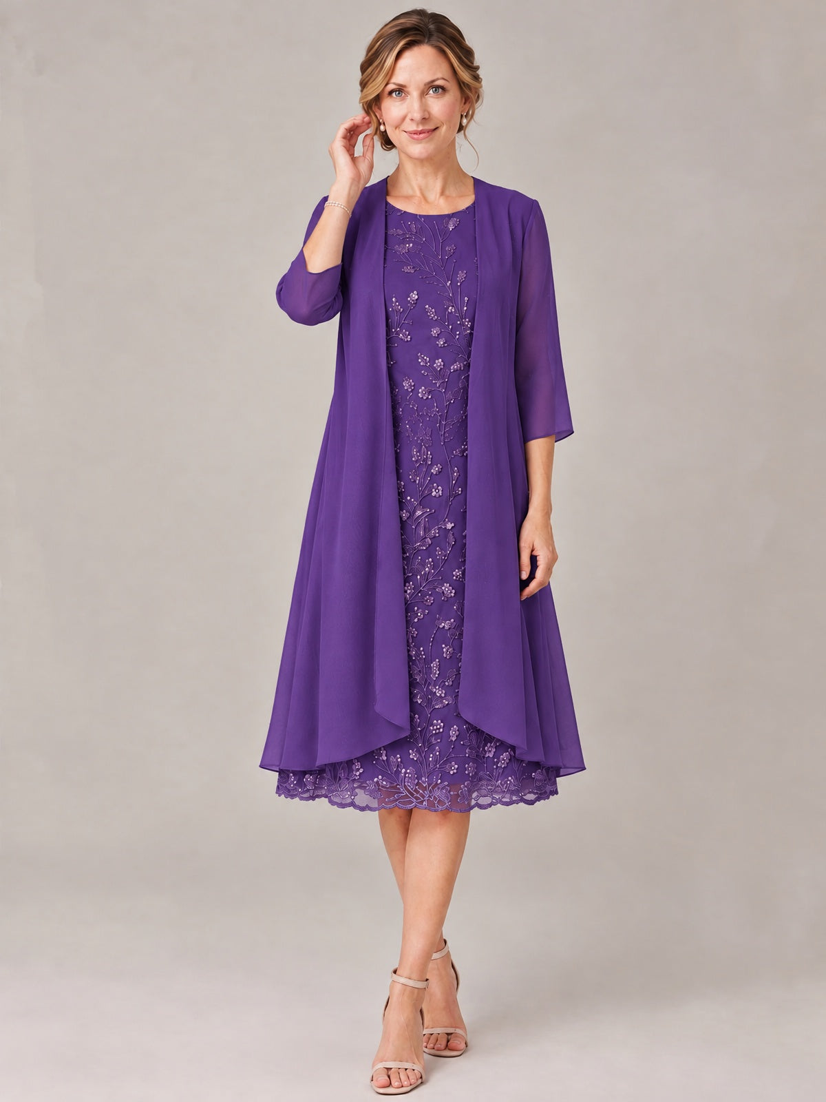 Tea Length Sequin Lace Mother of The Bride Dress with Chiffon Jacket
