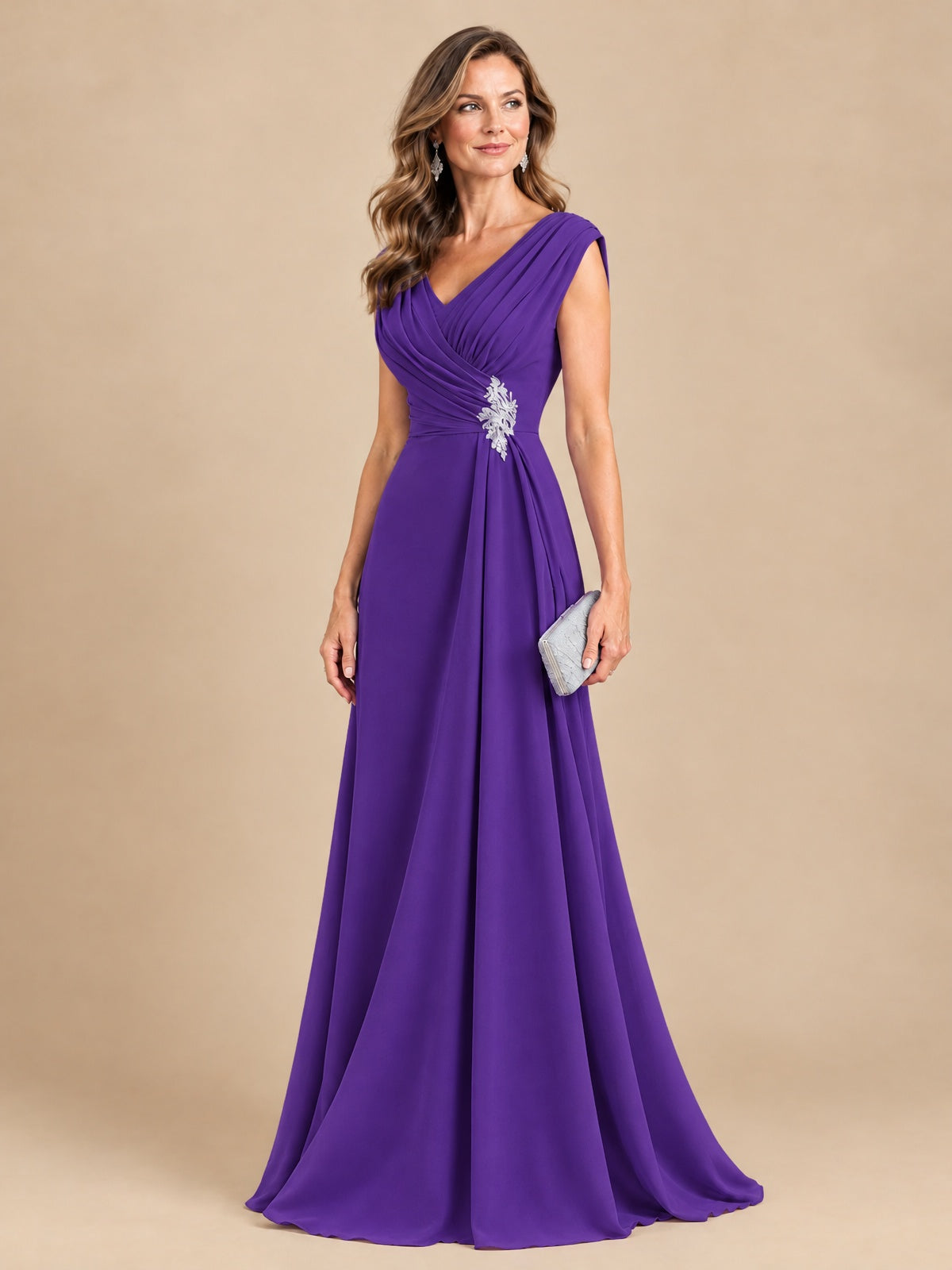 V Neck Pleated Mother of The Bride Dresses with Beading Cap Sleeves