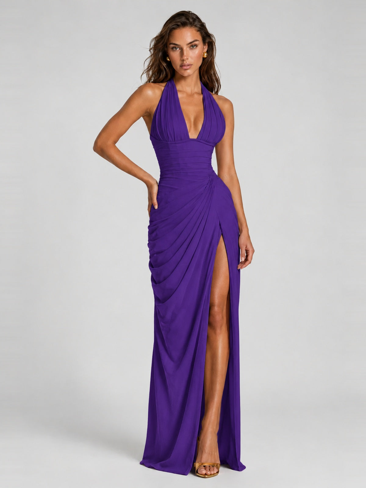 Ruched Halter Neck High-Slit Prom & Evening Dress