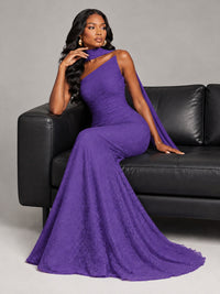 Pleated Chiffon Lace Prom Dresses Long Bodycon Mermaid with Scarf