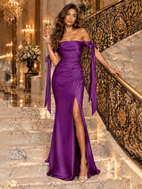 Off The Shuolder Satin Prom Dress Slit Mermaid Formal Gowns
