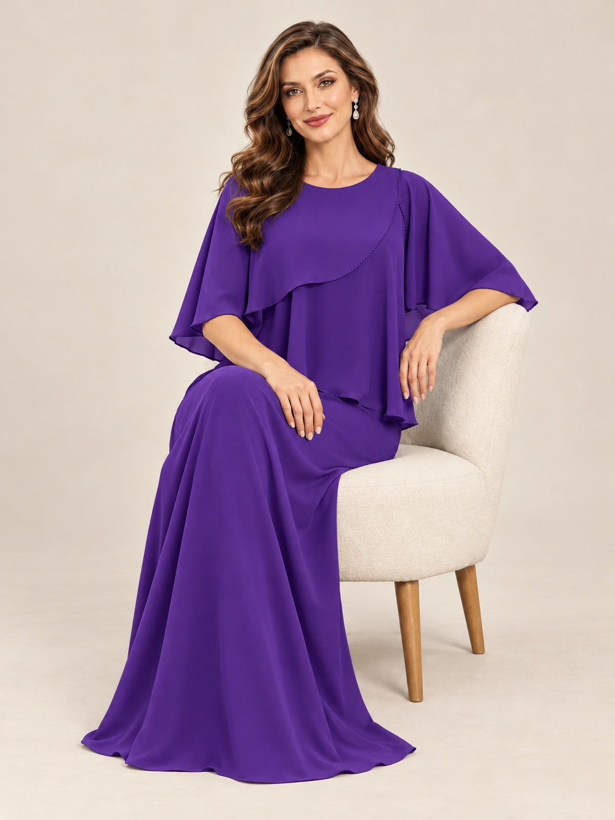 Cape Sleeve Mother of the Bride Dress with Asymmetrical Overlay