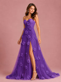 3D Floral Applique Strapless Tulle Prom Dress with High Slit