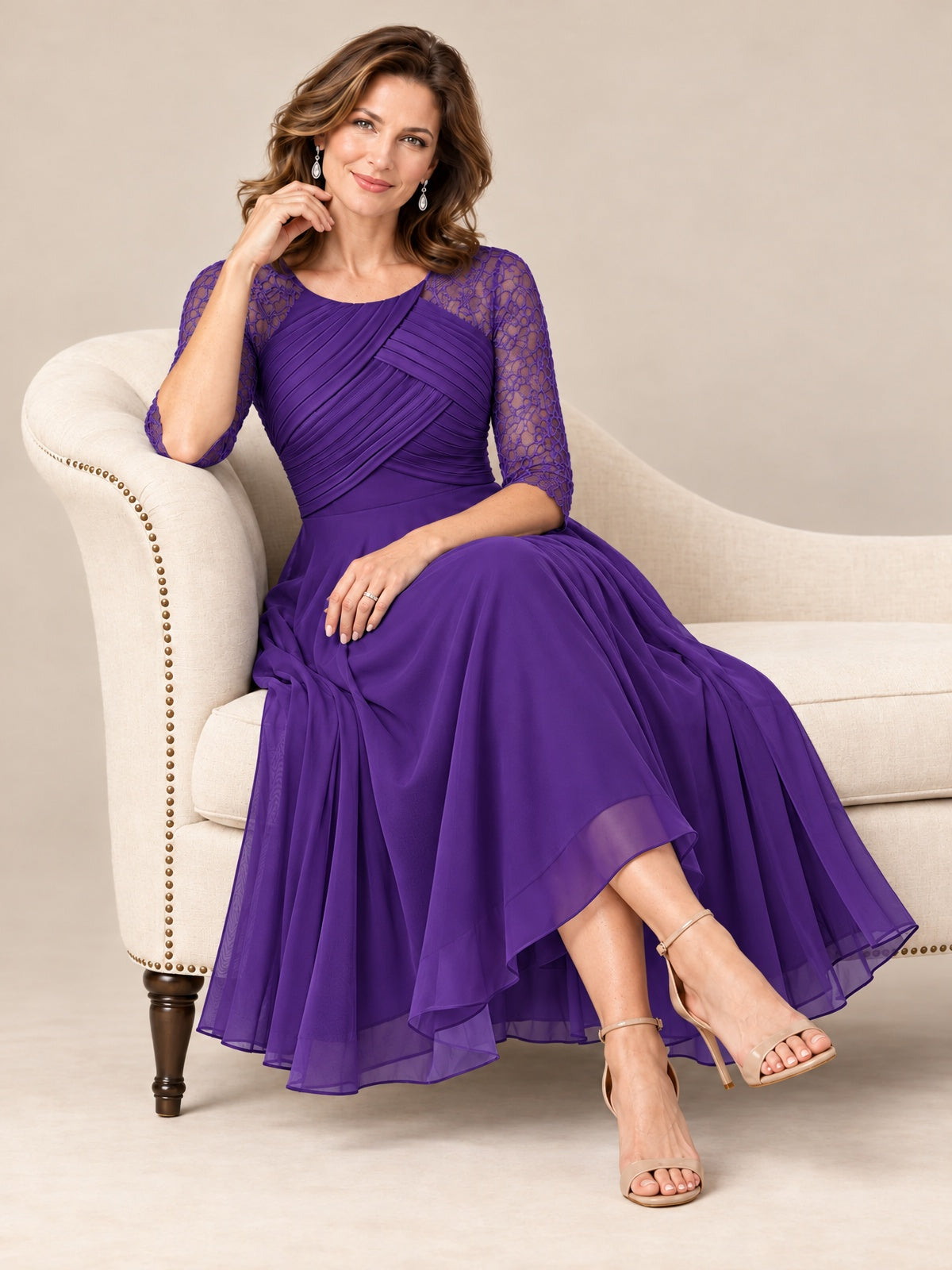 Tea-Length Mother of the Bride Dress with Lace 3/4 Sleeves