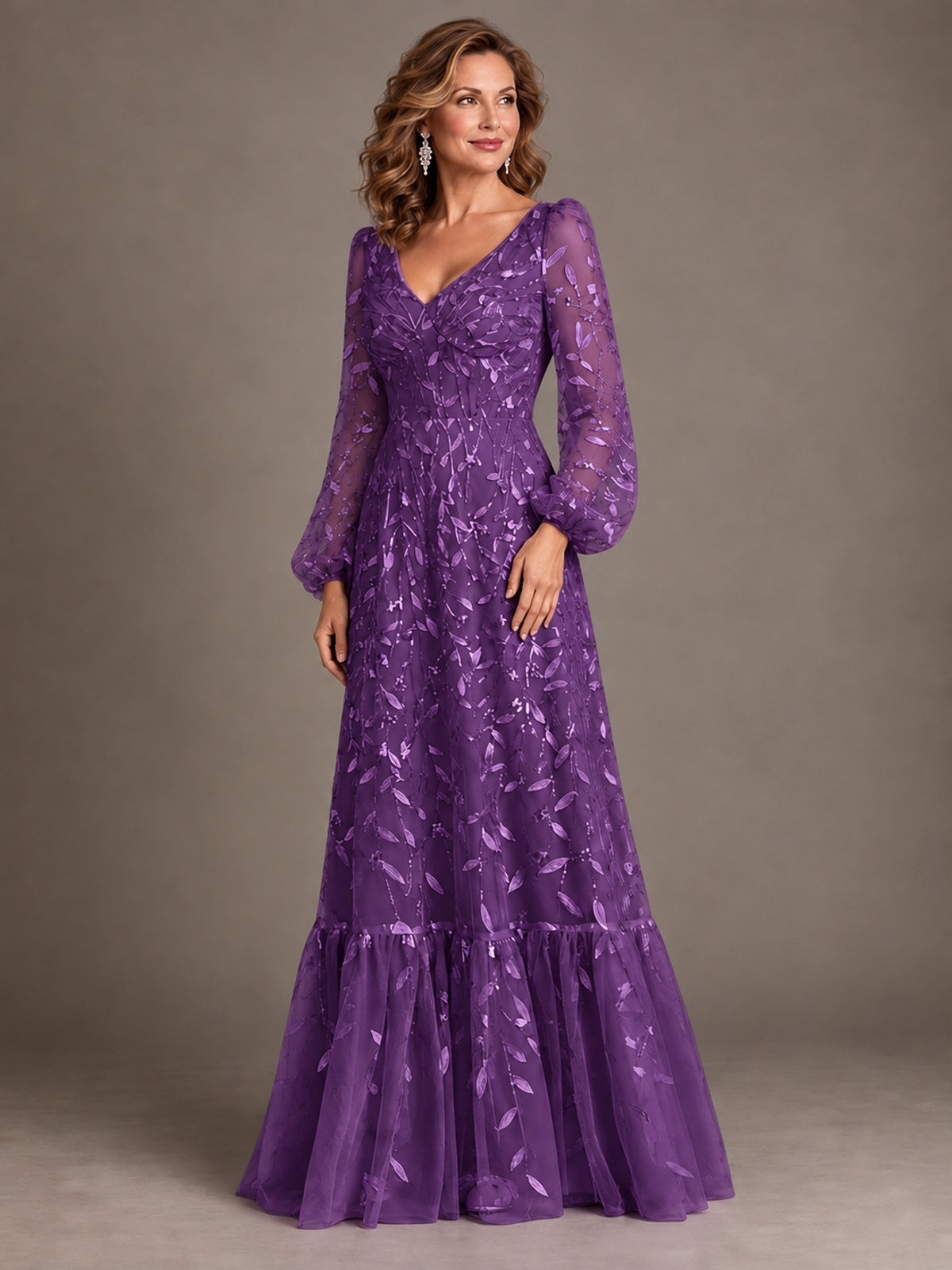 Floral Sequin Embroidered A-Line Mother of the Bride Dress with Long Sleeves