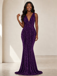 Sequin Mermaid Prom Dress with V-Neck and Ruched Waist