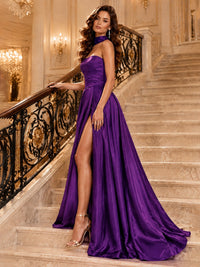 Strapless Prom Dress Side High Slit A-line Formal Dress with Scarf