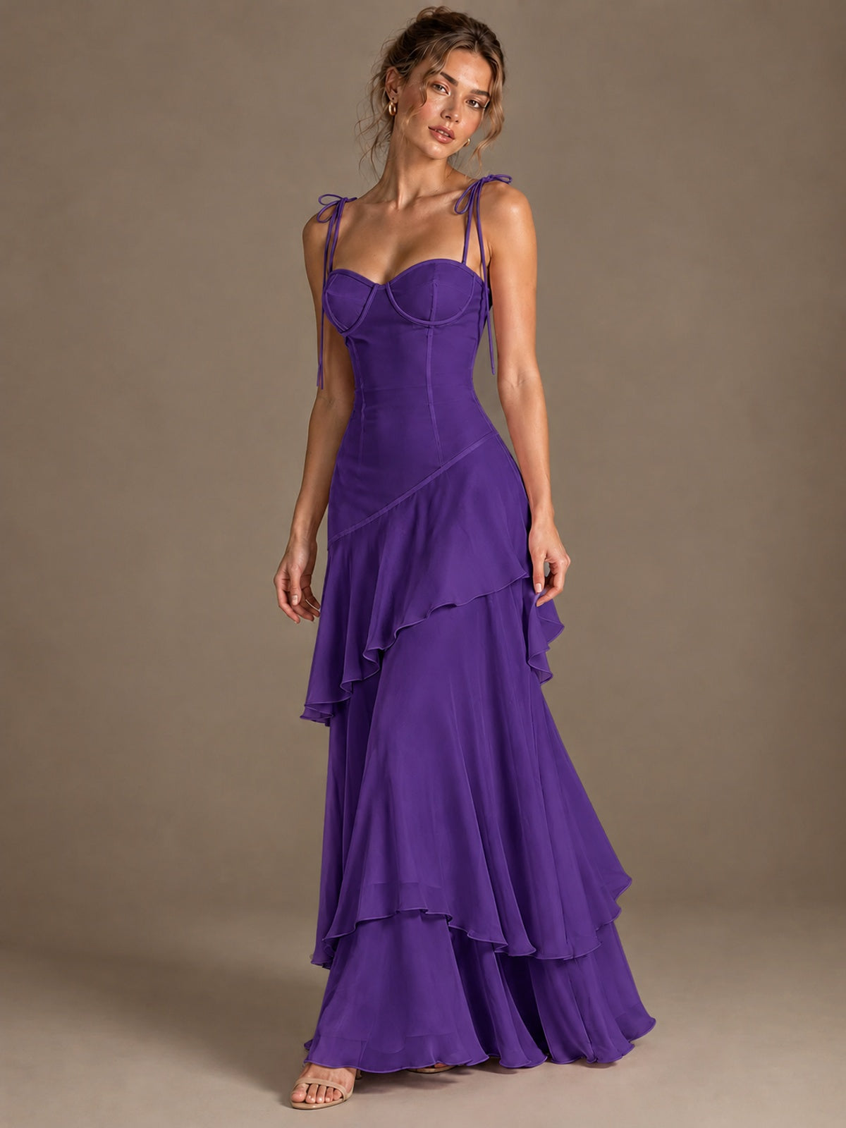 Spaghetti Strap Tiered Ruffles Chiffon Prom Dress