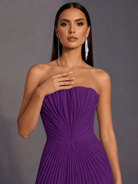 Strapless A-line Long Pleated Satin Prom Dress