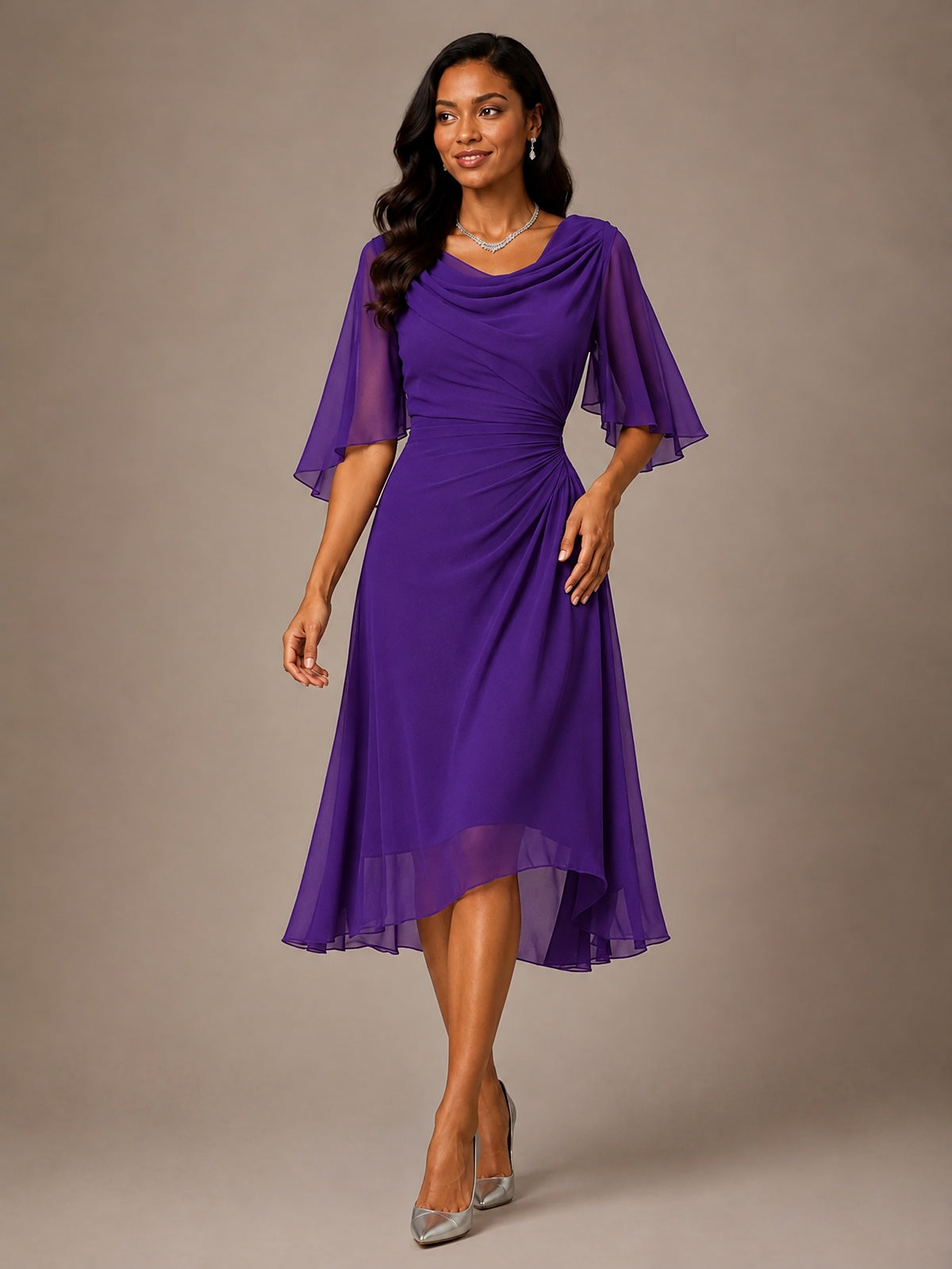 Cowl Neck Ruched Chiffon Mother of the Bride Dresses with Flutter Sleeves