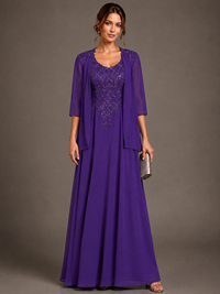 A-line 2 Pieces Chiffon Appliques Mother of The Bride Dresses with Jackets