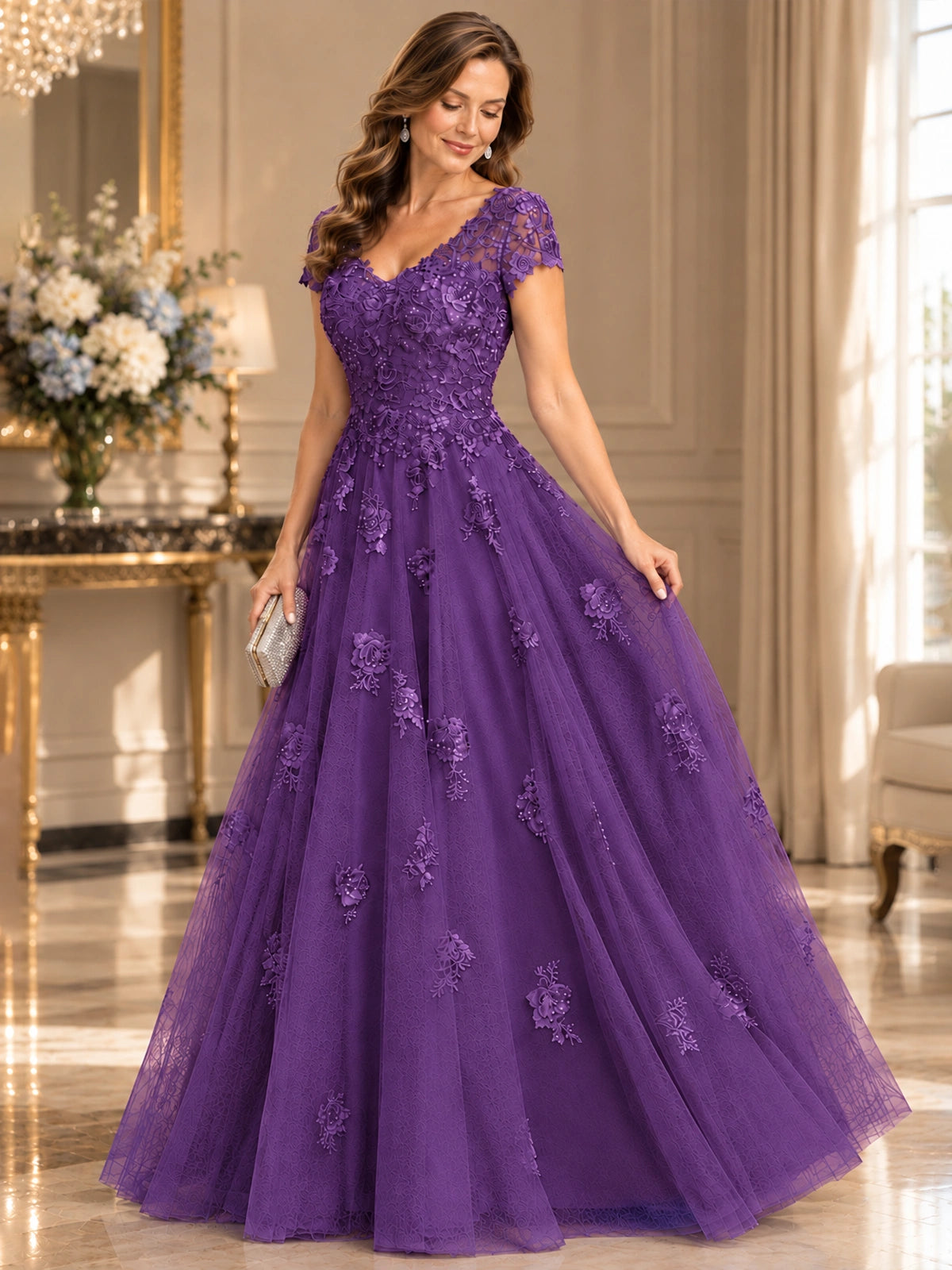 Lace Appliques A-line Mother of The Bride Dresses with Short Sleeves