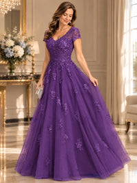 Lace Appliques A-line Mother of The Bride Dresses with Short Sleeves
