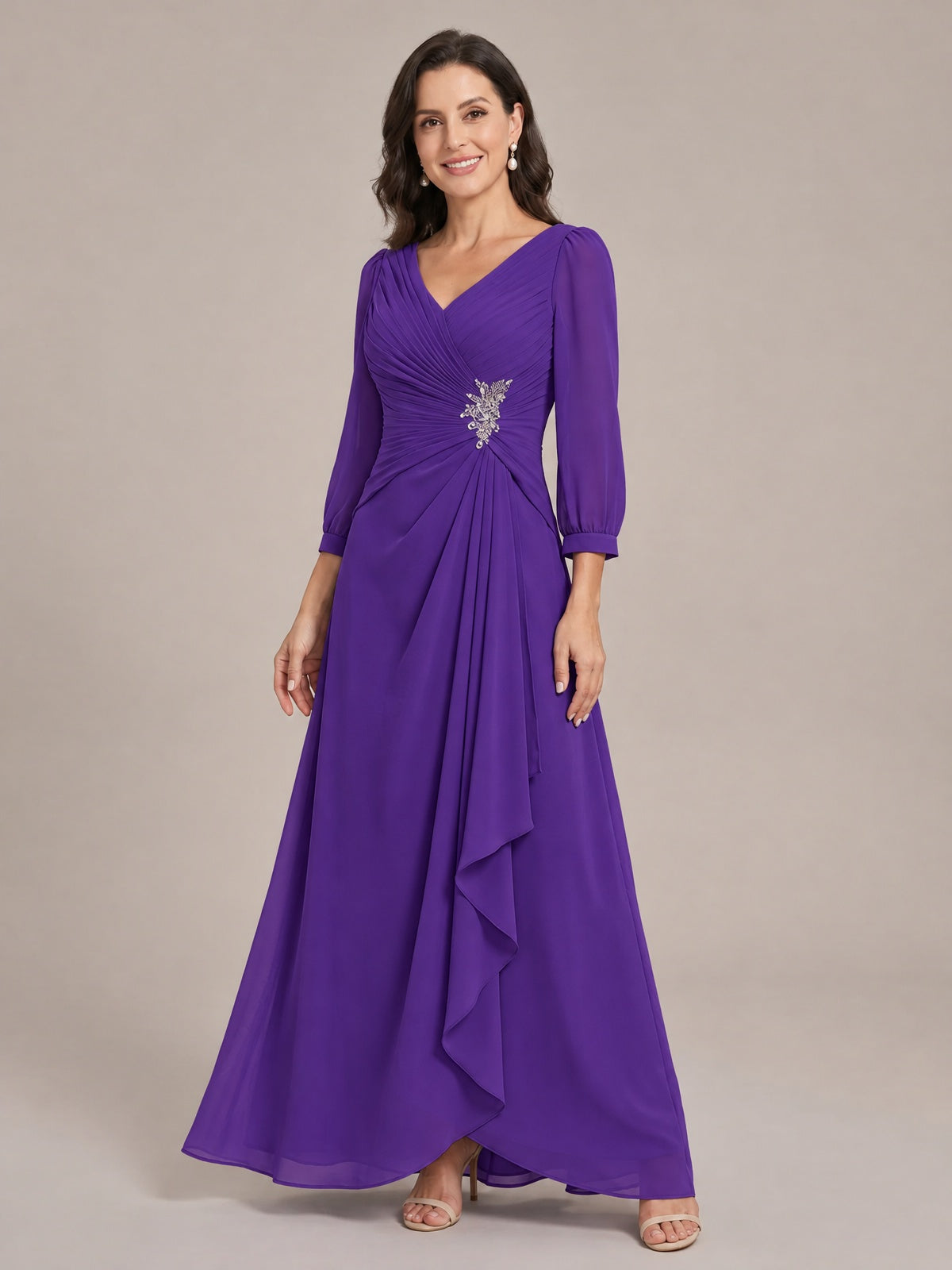 V-Neck Pleated Chiffon Mother of the Bride Dress with Flutter Sleeves