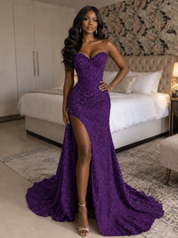 Beaded Sequin Prom Dress Strapless Formal Gowns with High Slit Train