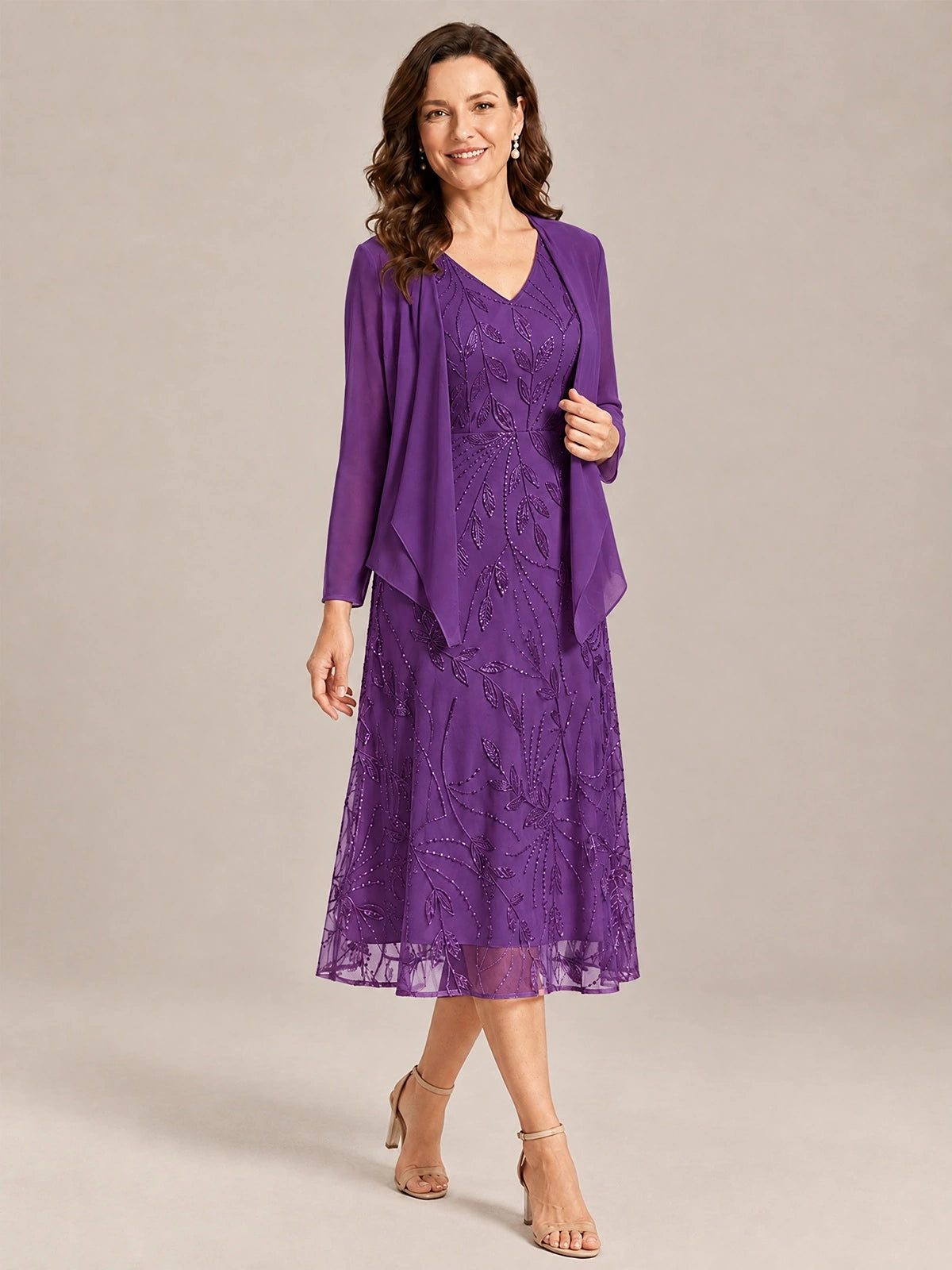 Tea Length Sequin Lace Mother of the Bride Dress with Chiffon Jacket