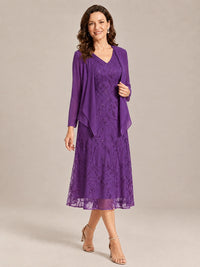 Tea Length Sequin Lace Mother of the Bride Dress with Chiffon Jacket