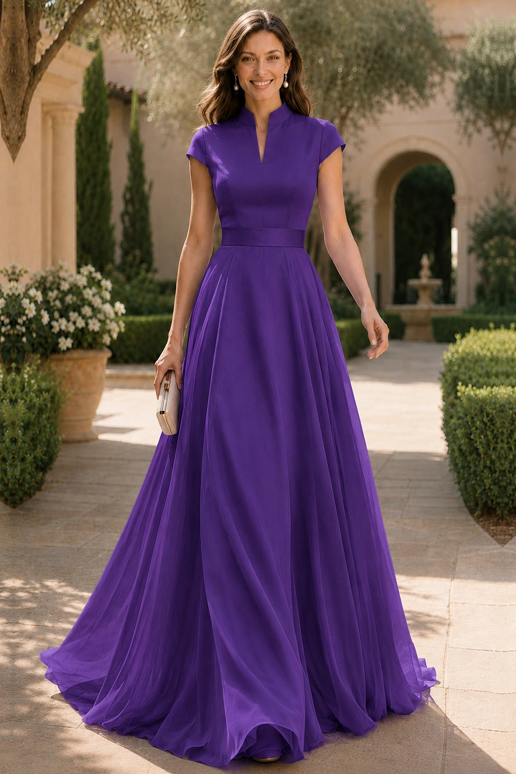V Neck Cap Sleeve A-Line Floor-Length Satin Bridesmaid Dress
