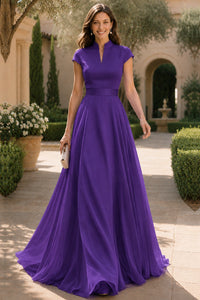 V Neck Cap Sleeve A-Line Floor-Length Satin Bridesmaid Dress