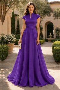 V Neck Cap Sleeve A-Line Floor-Length Satin Bridesmaid Dress