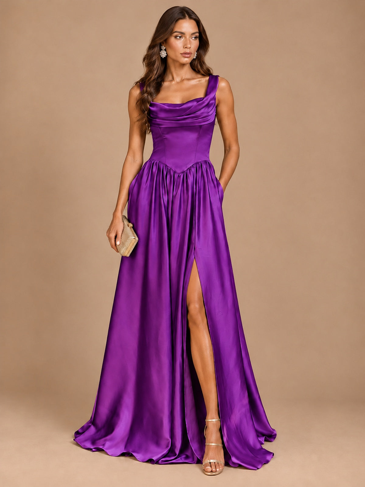 Cowl Neck Pleated Satin Prom Dress with Pockets & Slit Maxi Formal Gowns