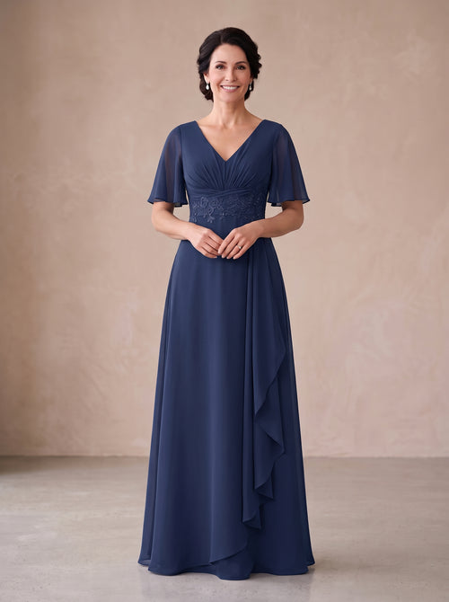 V-Neck Lace Appliques Chiffon Mother of the Bride Dresses with Flutter Sleeve