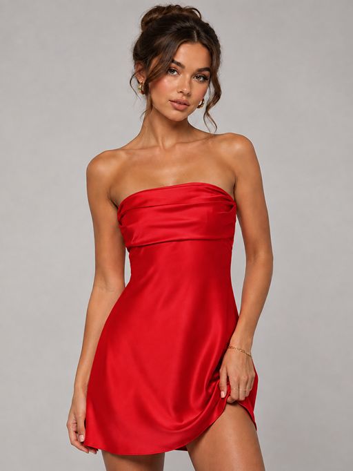 Burnt Orange Strapless Satin Mini Dress