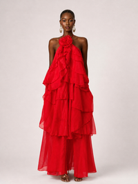 Orange Chiffon Halter Ruffle Maxi Dress with 3D Flower