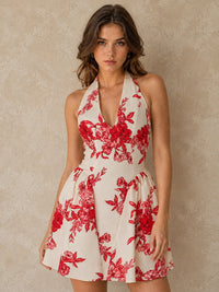 Red Floral Halter Mini Dress with V-Neck A-Line Skirt