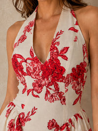 Red Floral Halter Mini Dress with V-Neck A-Line Skirt