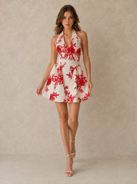 Red Floral Halter Mini Dress with V-Neck A-Line Skirt