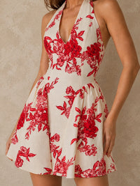 Red Floral Halter Mini Dress with V-Neck A-Line Skirt