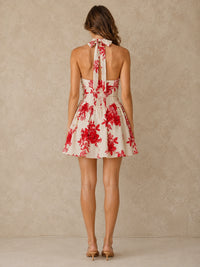 Red Floral Halter Mini Dress with V-Neck A-Line Skirt