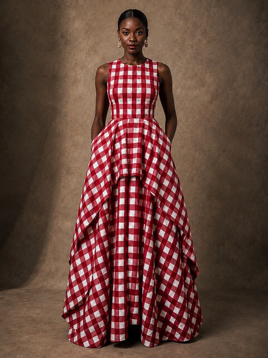 Red Gingham Sleeveless High-Low Gown with Pockets