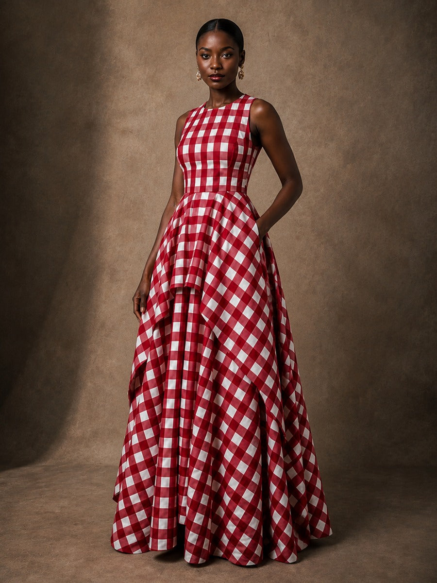 Red Gingham Sleeveless High-Low Gown with Pockets