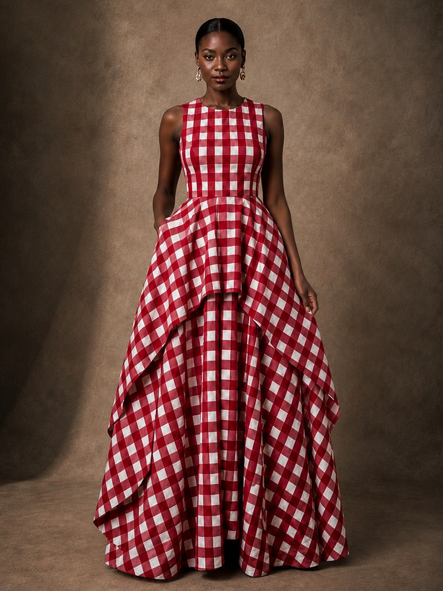 Red Gingham Sleeveless High-Low Gown with Pockets