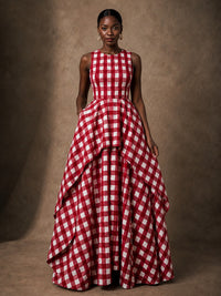 Red Gingham Sleeveless High-Low Gown with Pockets