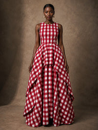 Red Gingham Sleeveless High-Low Gown with Pockets
