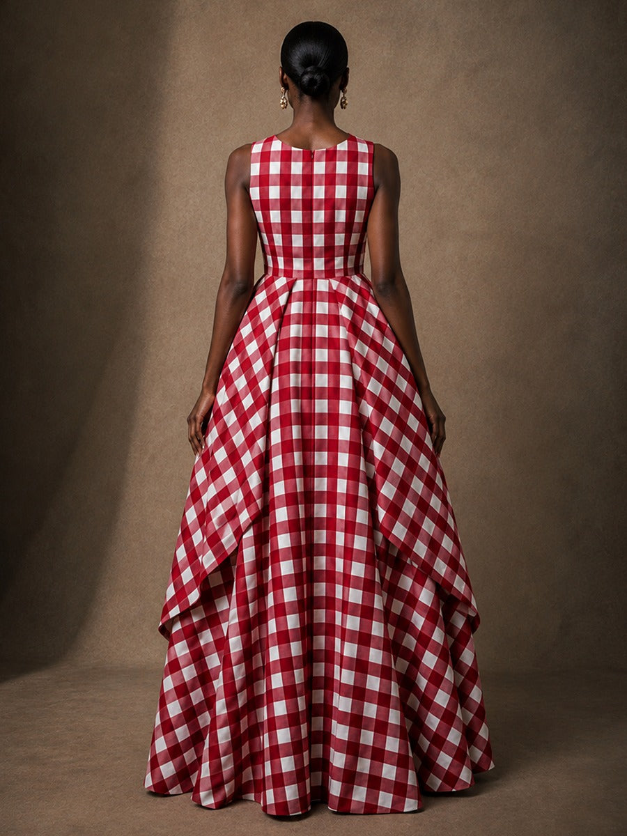 Red Gingham Sleeveless High-Low Gown with Pockets