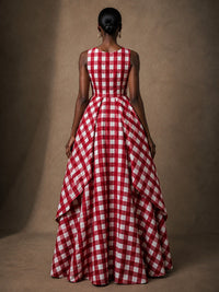 Red Gingham Sleeveless High-Low Gown with Pockets
