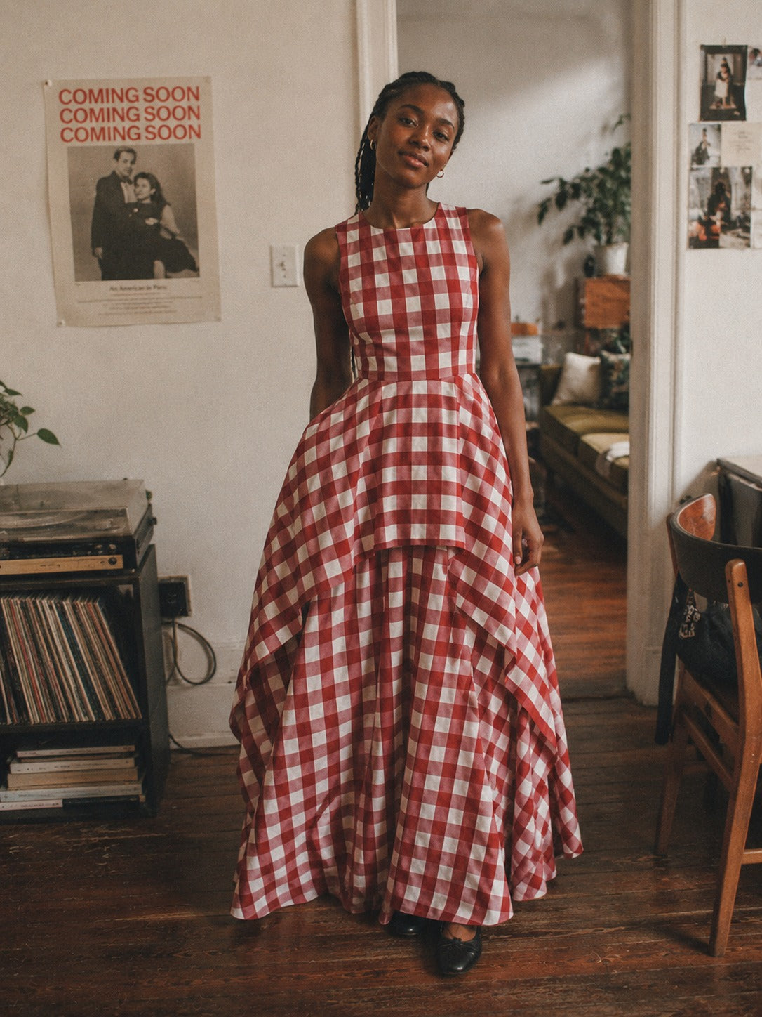 Red Gingham Sleeveless High-Low Gown with Pockets